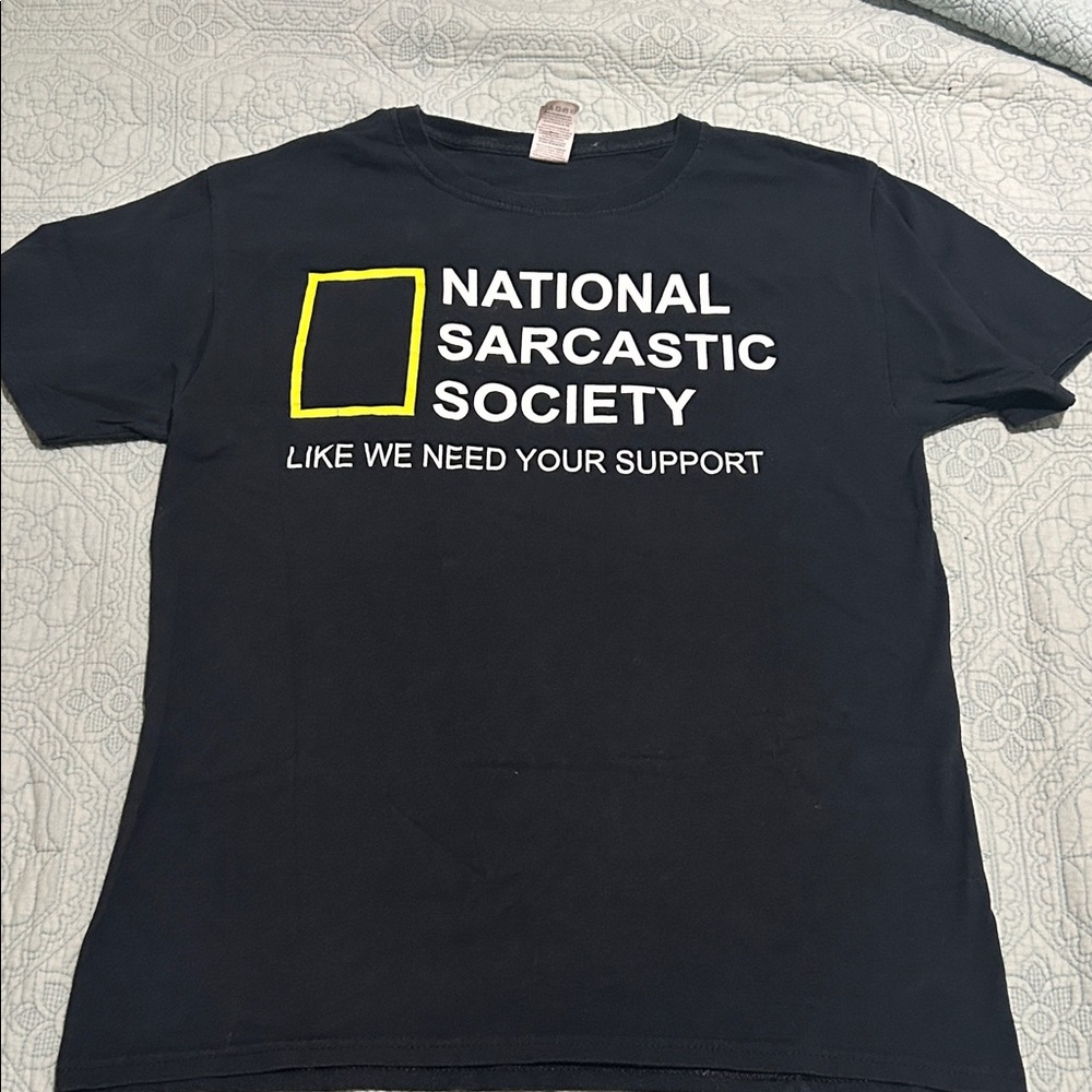 Fruit of the Loom Black Tee with Yellow and White Text